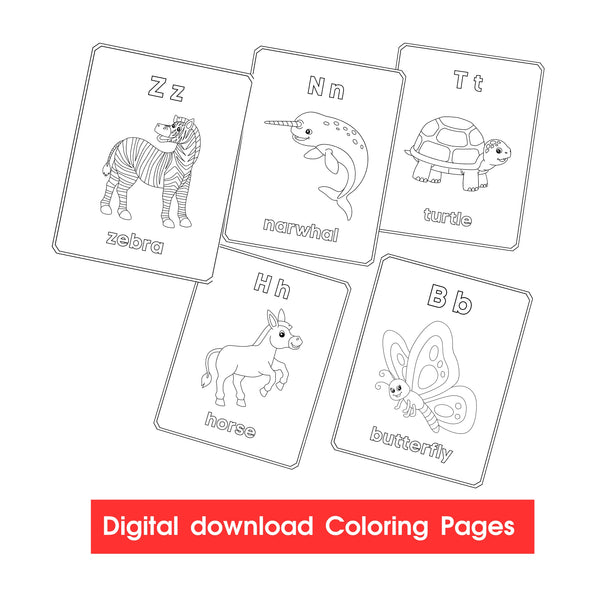 Animal Alphabet 27 Coloring Pages, Printable PDF pages, Animal Alphabet Activities, Animal Alphabet kids Coloring pages, Digital download.