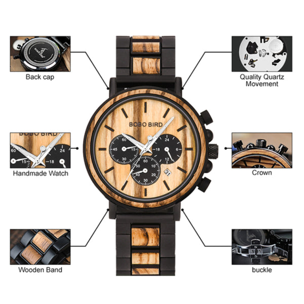 Wood Watch, Man Watch, Luxury, wood Men Watch, Quartz, Relogio Masculino, Wrist watches, wood color, Luminous, Chronograph, GP009
