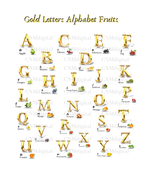 Gold letters fruits Gold letters, including fruit, English alphabet 26 letters, including 26 fruit, Instant Download, PNG file, clipart, Transparent, Not Font.