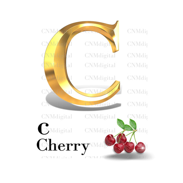 Gold letters fruits, LATTER - C   Gold color letters, including CHERRY fruit, English alphabet letters, including CHERRY fruit, Instant Download. PNG file, clipart, Transparent, Not Font.