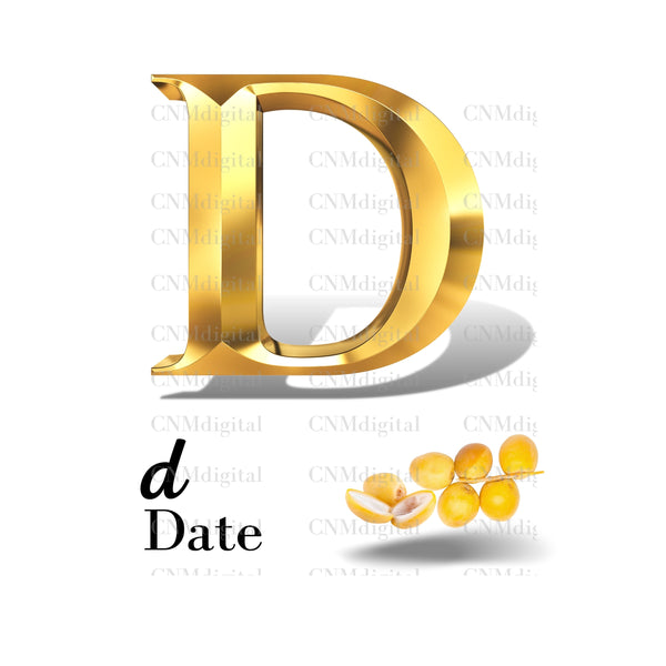 Gold letters fruits, LATTER - D  Gold color letters, including DATE fruit, English alphabet letters, including DATE fruit, Instant Download. PNG file, clipart, Transparent, Not Font.