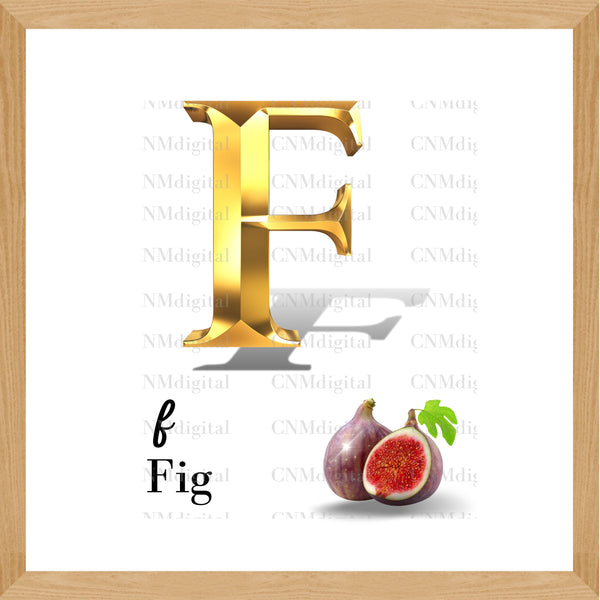 Gold letters fruits, LATTER - F  Gold color letters, including FIG fruit, English alphabet letters, including FIG fruit, Instant Download. PNG file, clipart, Transparent, Not Font.