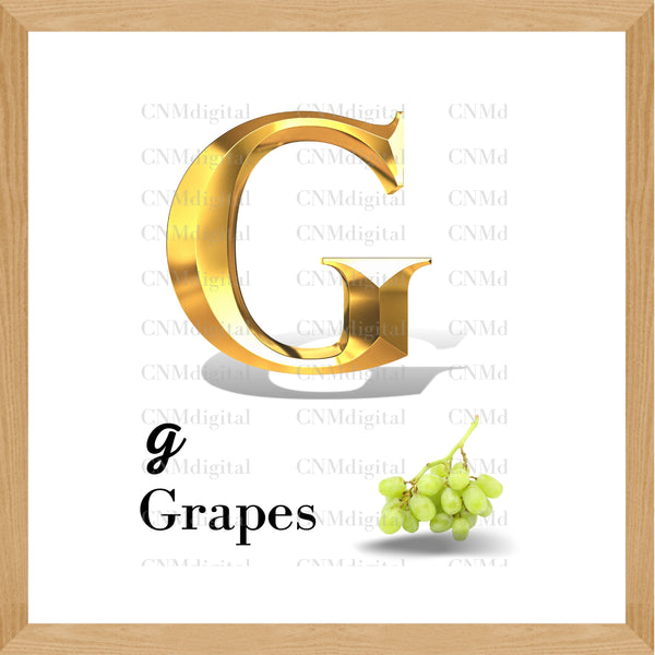 Gold letters fruits, LATTER - G  Gold color letters, including GRAPES  fruit, English alphabet letters, including GRAPES fruit, Instant Download. PNG file, clipart, Transparent, Not Font.