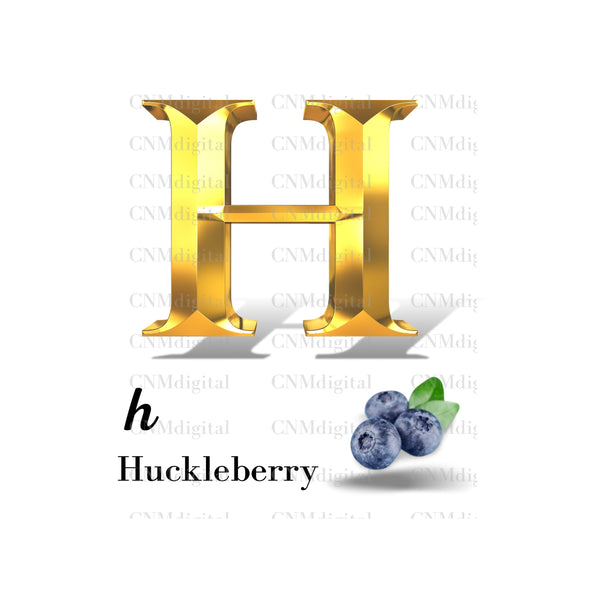 Gold letters fruits, LATTER - H  Gold color letters, including HUCKLEBERRY fruit, English alphabet letters, including HUCKLEBERRY fruit, Instant Download. PNG file, clipart, Transparent, Not Font.