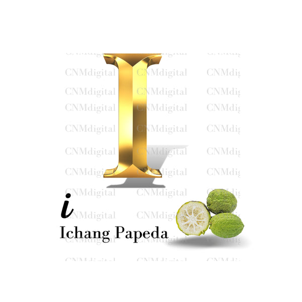 Gold letters fruits, LATTER - I  Gold color letters, including ICHANG PAPEDA fruit, English alphabet letters, including ICHANG PAPEDA fruit, Instant Download. PNG file, clipart, Transparent, Not Font.