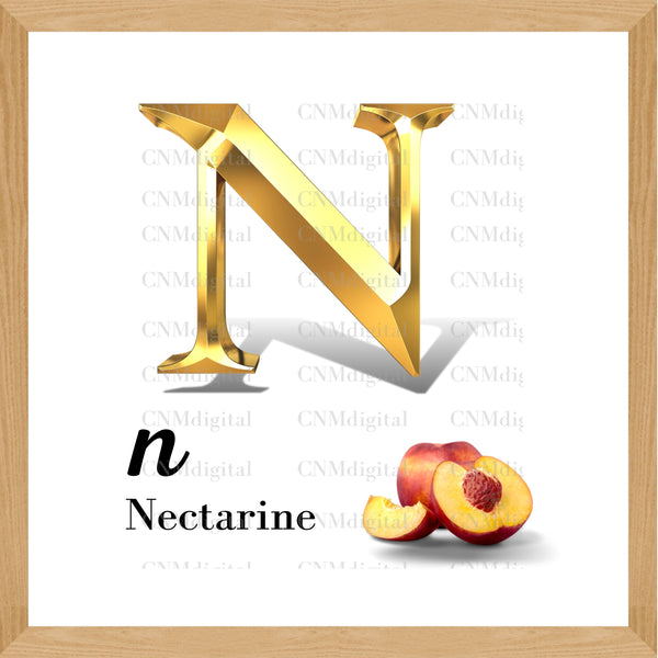 Gold letters fruits, LATTER - N  Gold color letters, including NECTARINA fruit, English alphabet letters, including NECTARINA fruit, Instant Download. PNG file, clipart, Transparent, Not Font.