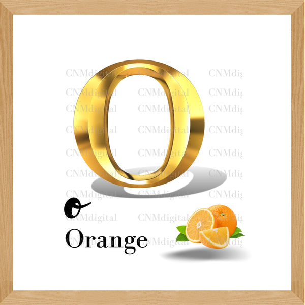 Gold letters fruits, LATTER - O  Gold color letters, including ORANGE fruit, English alphabet letters, including ORANGE fruit, Instant Download. PNG file, clipart, Transparent, Not Font.