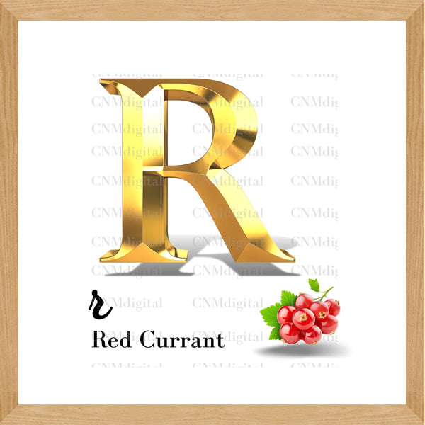 Gold letters fruits, LATTER - R  Gold color letters, including RED CURRANT fruit, English alphabet letters, including RED CURRANT fruit, Instant Download. PNG file, clipart, Transparent, Not Font.