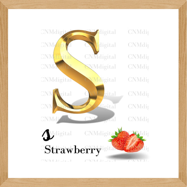 Gold letters fruits, LATTER - S  Gold color letters, including STRAWBERRY fruit, English alphabet letters, including STRAWBERRY fruit, Instant Download. PNG file, clipart, Transparent, Not Font.
