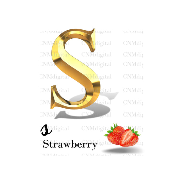 Gold letters fruits, LATTER - S  Gold color letters, including STRAWBERRY fruit, English alphabet letters, including STRAWBERRY fruit, Instant Download. PNG file, clipart, Transparent, Not Font.
