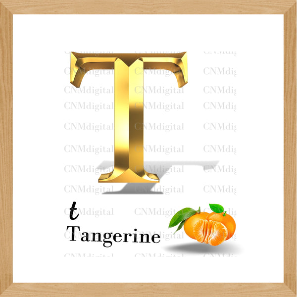 Gold letters fruits, LATTER - T  Gold color letters, including TANGERINE  fruit, English alphabet letters, including TANGERINE  fruit, Instant Download. PNG file, clipart, Transparent, Not Font.