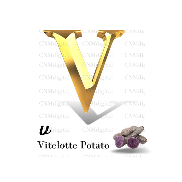 Gold letters fruits, LATTER - V Gold color letters, including VITELOTTE fruit, English alphabet letters, including VITELOTTE fruit, Instant Download. PNG file, clipart, Transparent, Not Font.