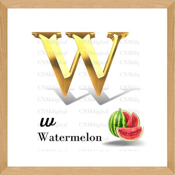 Gold letters fruits, LATTER - W Gold color letters, including WATERMELON fruit, English alphabet letters, including WATERMELON fruit, Instant Download. PNG file, clipart, Transparent, Not Font.