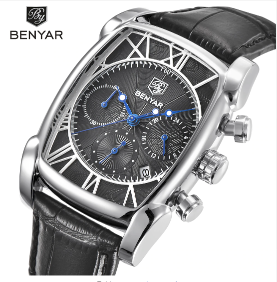 Rectangle Case Chronograph Men Watch Quartz Waterproof 30M Genuine Leather Model Number: BY-5113M
