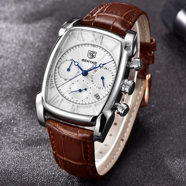 Rectangle Case Chronograph Men Watch Quartz Waterproof 30M Genuine Leather Model Number: BY-5113M