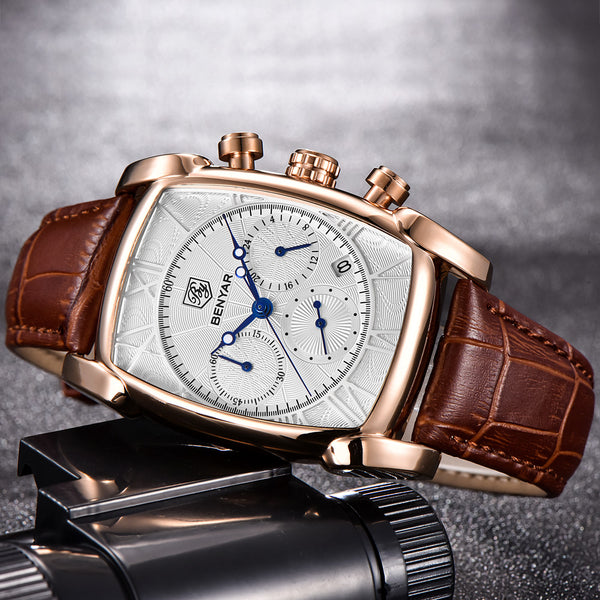 Rectangle Case Chronograph Men Watch Quartz Waterproof 30M Genuine Leather Model Number: BY-5113M