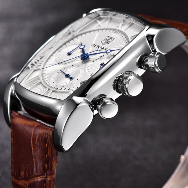 Rectangle Case Chronograph Men Watch Quartz Waterproof 30M Genuine Leather Model Number: BY-5113M