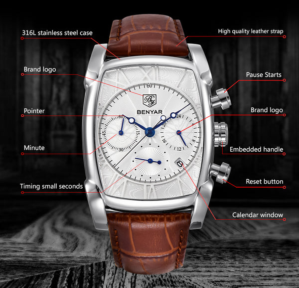 Rectangle Case Chronograph Men Watch Quartz Waterproof 30M Genuine Leather Model Number: BY-5113M