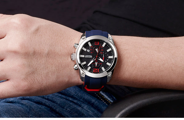 Men Watch Chronograph Analog Quartz, Waterproof Silicone Rubber Model M2063G-2