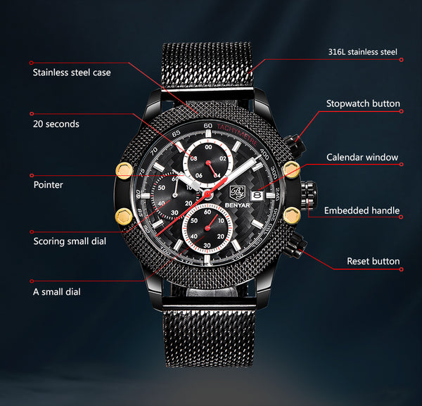 Men Watch Sport Chronograph Stainless Steel Waterproof Quartz Model Number: BY-5109-1M