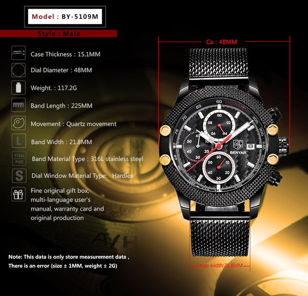 Men Watch Sport Chronograph Stainless Steel Waterproof Quartz Model Number: BY-5109-1M