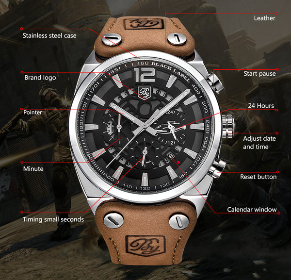 Men Watch Leather Waterproof Sport Military Quartz Chronograph   Model Number: BY-5112M