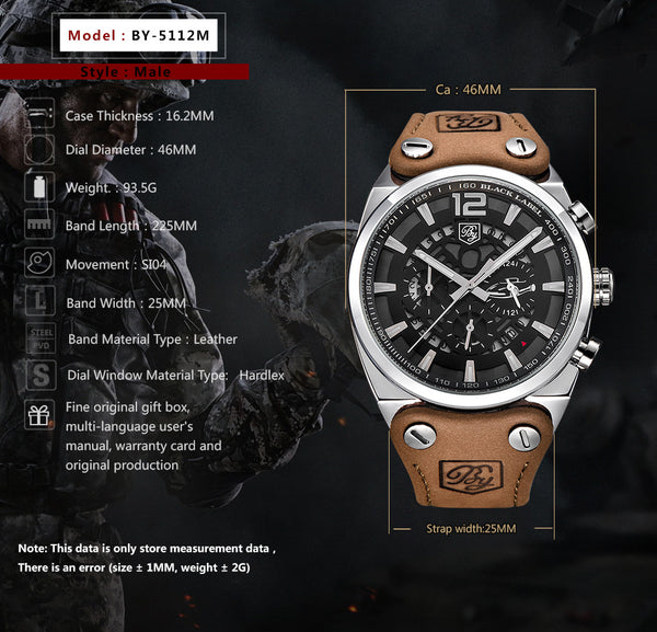 Men Watch Leather Waterproof Sport Military Quartz Chronograph   Model Number: BY-5112M