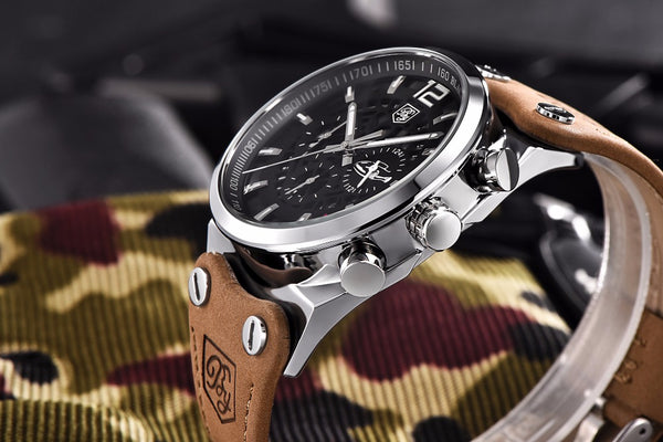 Men Watch Leather Waterproof Sport Military Quartz Chronograph   Model Number: BY-5112M