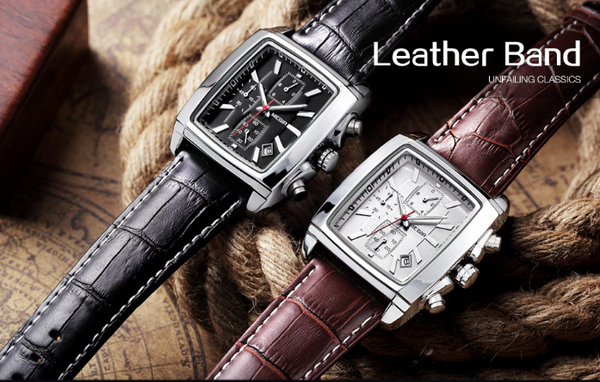 Men Watch luxury Quartz Chronograph Stainless Steel Military, Leather Wristwatch. Model # 2028