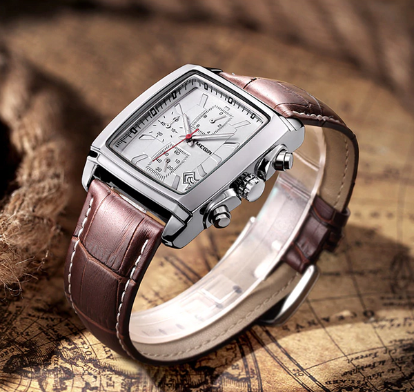 Men Watch luxury Quartz Chronograph Stainless Steel Military, Leather Wristwatch. Model # 2028