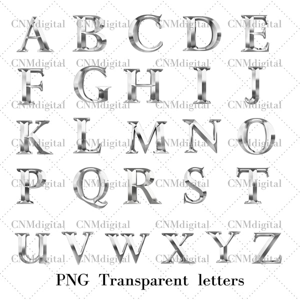 Silver letters, English alphabet, Instant Download, Digital file, clipart, Transparent, M letter, PNG graphics, clipart letters,