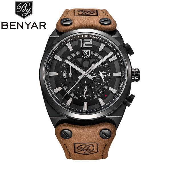 Men Watch Leather Waterproof Sport Military Quartz Chronograph   Model Number: BY-5112M
