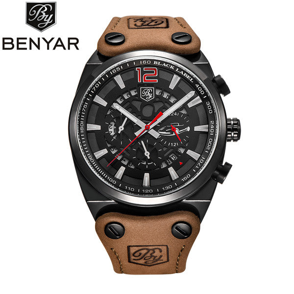 Men Watch Leather Waterproof Sport Military Quartz Chronograph   Model Number: BY-5112M