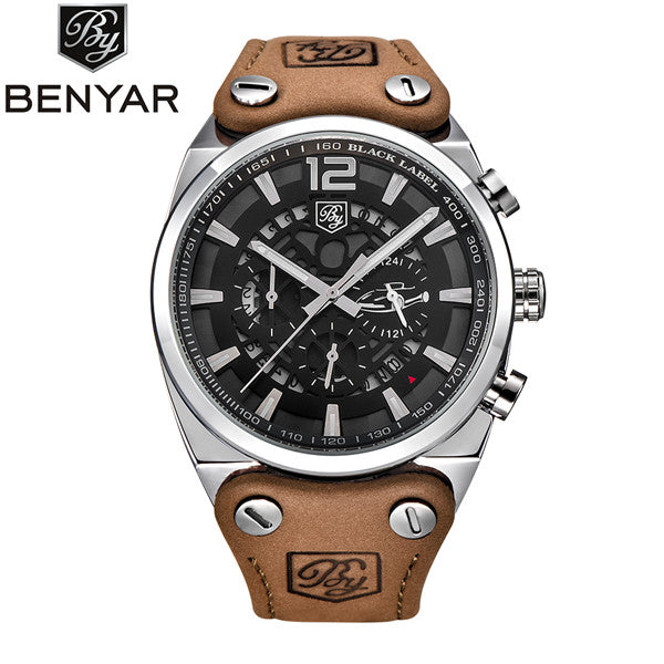 Men Watch Leather Waterproof Sport Military Quartz Chronograph   Model Number: BY-5112M