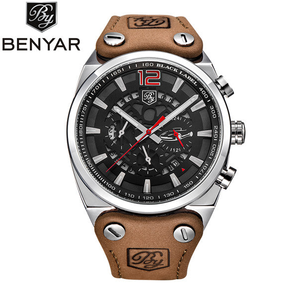 Men Watch Leather Waterproof Sport Military Quartz Chronograph   Model Number: BY-5112M