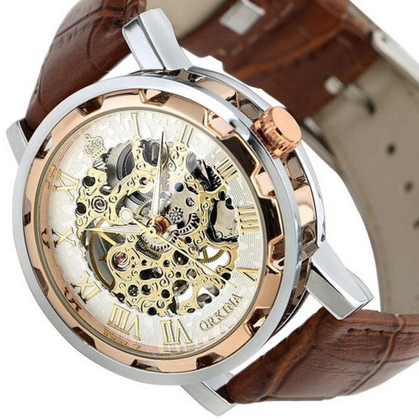 Mans Watch Leather Band Stainless Skeleton Mechanical Wrist MODEL # MZ1152