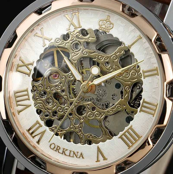Mans Watch Leather Band Stainless Skeleton Mechanical Wrist MODEL # MZ1152