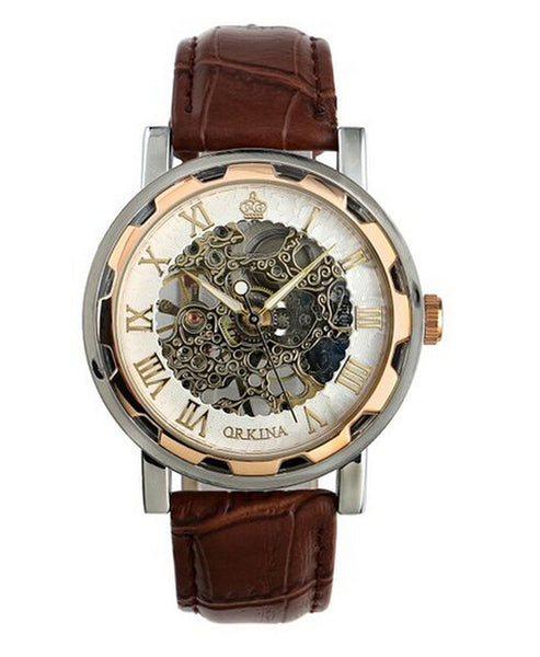Mans Watch Leather Band Stainless Skeleton Mechanical Wrist MODEL # MZ1152