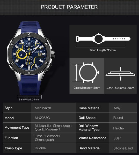 Men Sport Watch Chronograph Silicone Strap Quartz Army Military Model Number: 2053