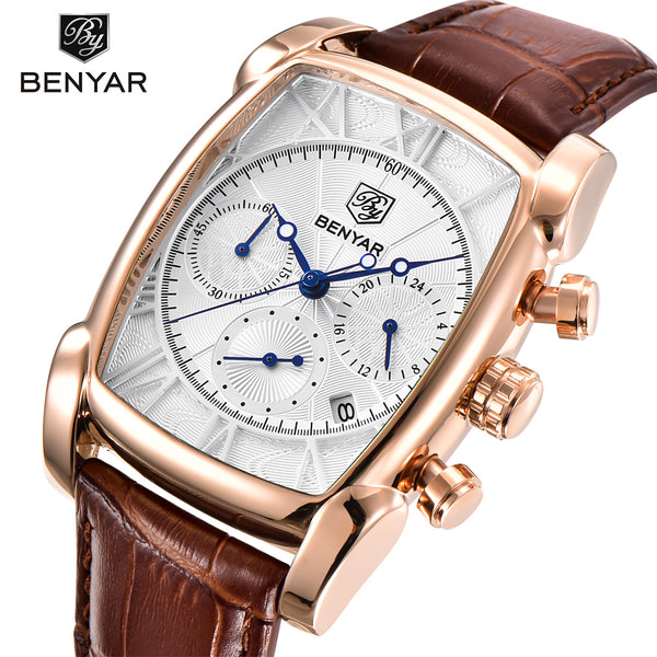 Rectangle Case Chronograph Men Watch Quartz Waterproof 30M Genuine Leather Model Number: BY-5113M