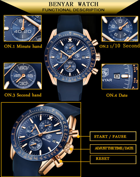 Men Watch Brand Luxury leather band Quartz Chronograph Model Number: BY-5140M