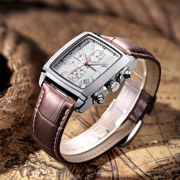 Men Watch luxury Quartz Chronograph Stainless Steel Military, Leather Wristwatch. Model # 2028