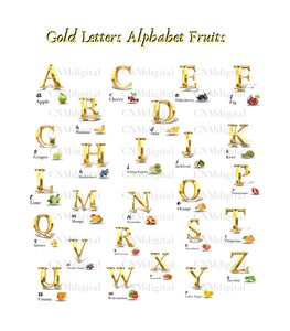 Gold letters fruits Gold letters, including fruit, English alphabet 26 letters, including 26 fruit, Instant Download, PNG file, clipart, Transparent, Not Font.