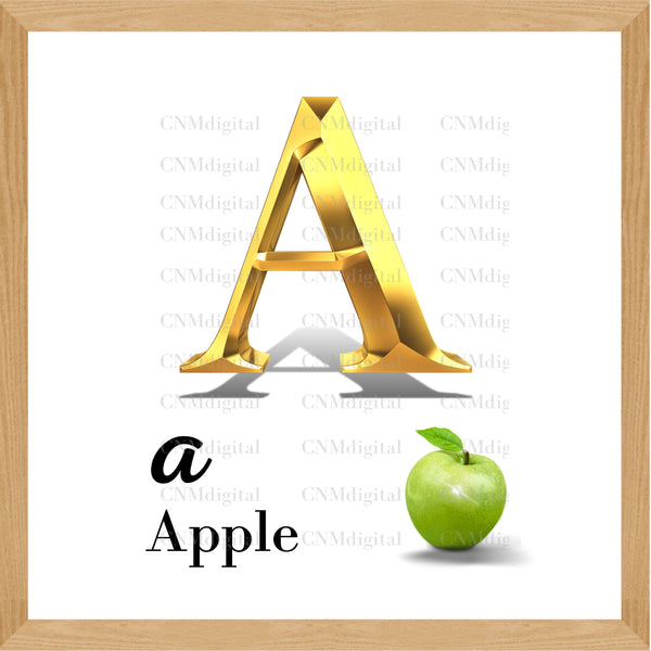Gold letters fruits LATTER - A Gold color letters, including APPLE fruit, English alphabet letters, including APPLE fruit, Instant Download. PNG file, clipart, Transparent, Not Font.