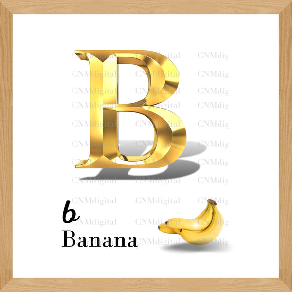 Gold letters fruits, LATTER - B Gold color letters, including BANANA fruit, English alphabet letters, including BANANA fruit, Instant Download. PNG file, clipart, Transparent, Not Font.