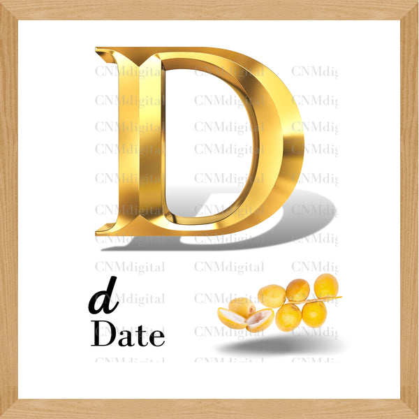 Gold letters fruits, LATTER - D  Gold color letters, including DATE fruit, English alphabet letters, including DATE fruit, Instant Download. PNG file, clipart, Transparent, Not Font.