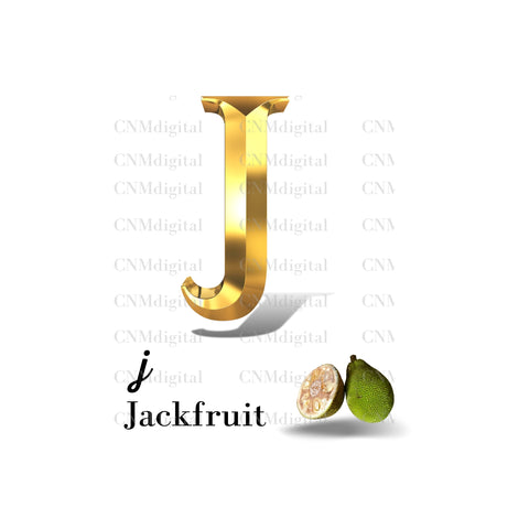 Gold letters fruits, LATTER - J  Gold color letters, including JACKFRUIT fruit, English alphabet letters, including JACKFRUIT fruit, Instant Download. PNG file, clipart, Transparent, Not Font.