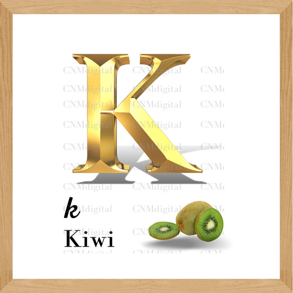 Gold letters fruits, LATTER - K Gold color letters, including KIWI fruit, English alphabet letters, including KIWI fruit, Instant Download. PNG file, clipart, Transparent, Not Font.