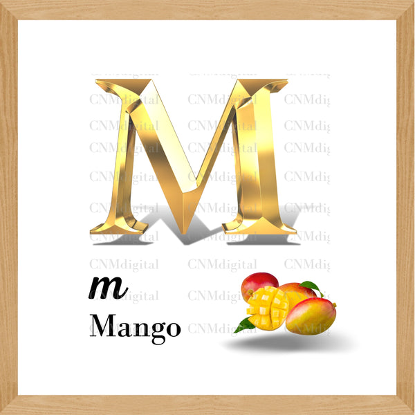 Gold letters fruits, LATTER - M Gold color letters, including MANGO fruit, English alphabet letters, including MANGO fruit, Instant Download. PNG file, clipart, Transparent, Not Font.