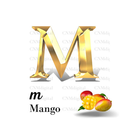 Gold letters fruits, LATTER - M Gold color letters, including MANGO fruit, English alphabet letters, including MANGO fruit, Instant Download. PNG file, clipart, Transparent, Not Font.